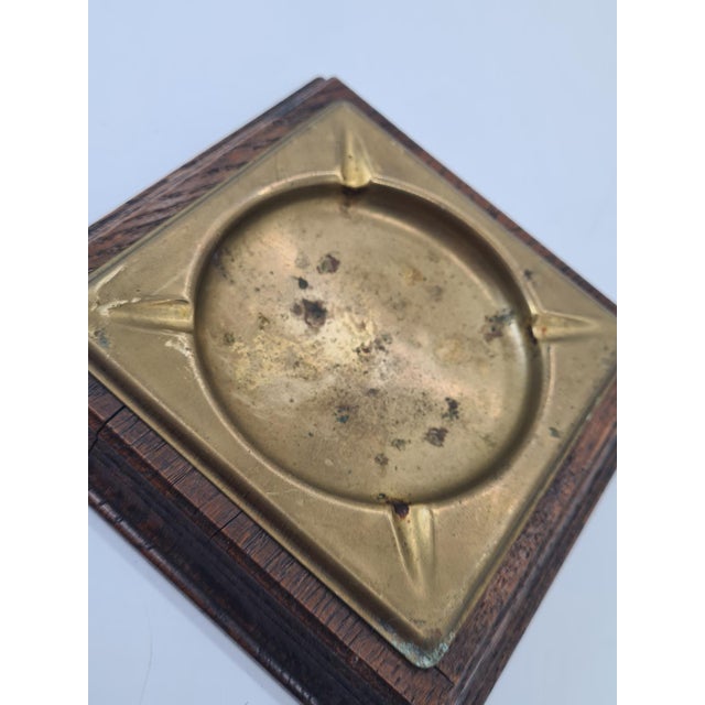 Mid-Century Modern Vintage Brass Ashtray with Oak Base from Meubelfabriek Oisterwijk, Netherlands, 1970s For Sale - Image 3 of 9
