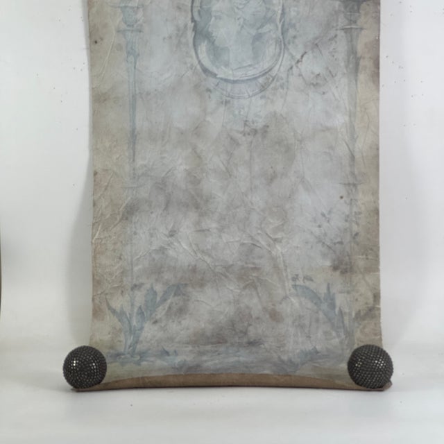 Large & Unusual Salvaged French Canvas Panel of Hand Painted Cameo & Design in Faint Blue For Sale - Image 4 of 9