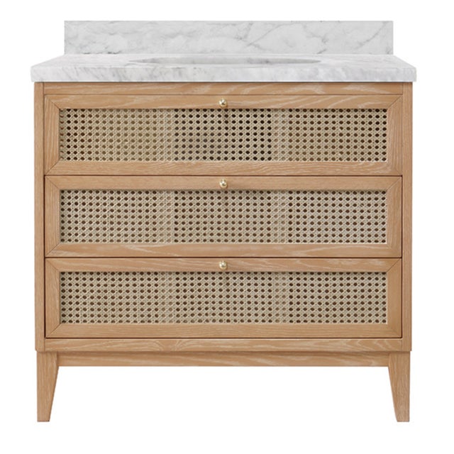 Matthew Izzo Home Wynn Cerused Oak Single Porcelain Sink Bath Vanity With Carrara Marble Top, 3 Caned Drawers and Brass Knobs For Sale - Image 10 of 10