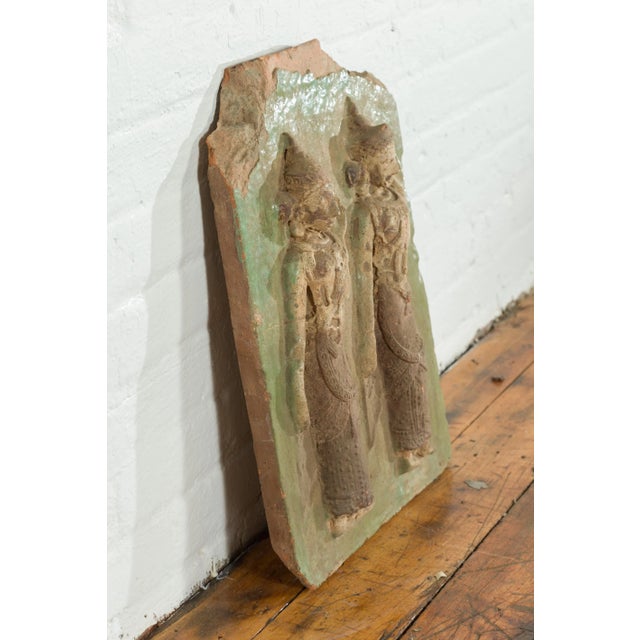 Thai Carved Stone Green Painted Temple Wall Plaque Depicting Ceremonial Dancers For Sale In New York - Image 6 of 9