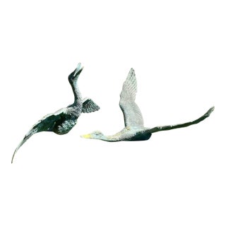1920s Pair of Large Japanese Bronze Garden Duck Sculptures – Verdigris Patina, Life-Size Waterfowl Statues For Sale