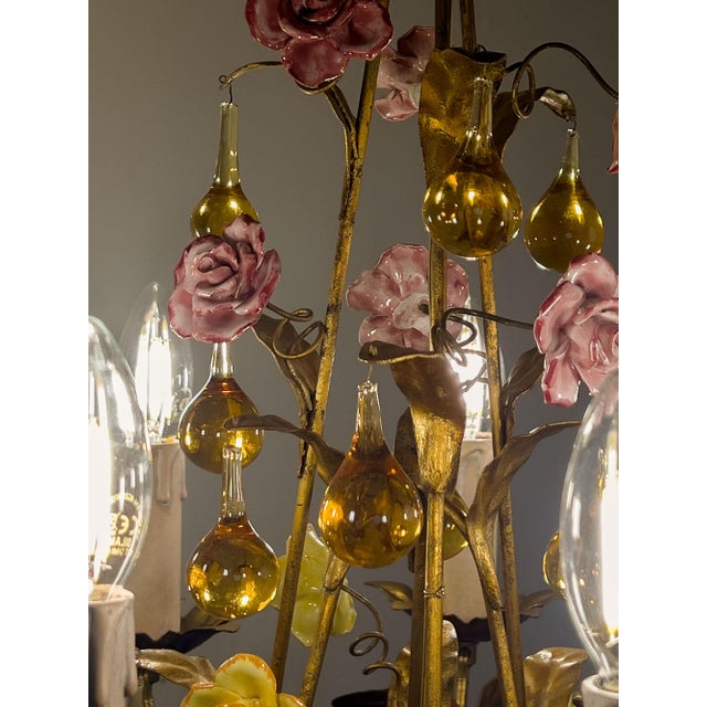 Floral Chandelier in Gilded Iron with Ceramic Flowers and Murano Glass Pendants, Italy, 1960s For Sale - Image 11 of 13