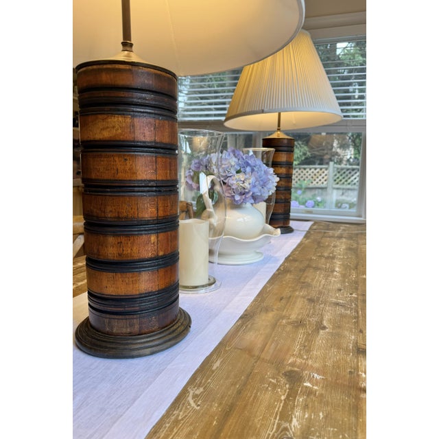 Turned Wood Barrel Form Table Lamps With Shades, Set of 2 For Sale - Image 17 of 18