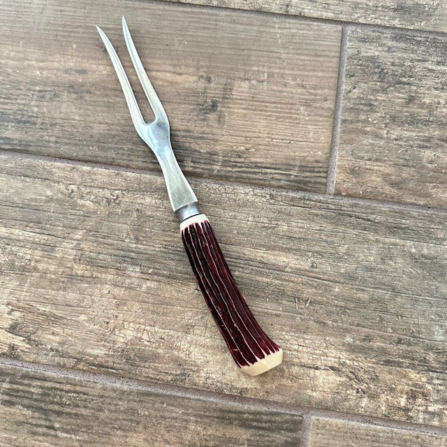 Vintage Stainless Steel Faux Bone Handle Serving Fork 1960's For Sale - Image 9 of 9