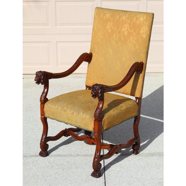 Yellow Antique French Louis XIV Style Armchair & Ottoman Set - Mid 19th Century Carved Lion Head Throne Chair With Original Yellow Upholstery For Sale - Image 8 of 18