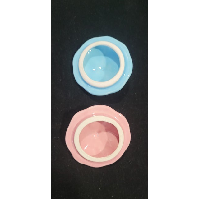 Ceramic Vintage Boy & Girl Egg Cups Salt Pepper Shakers Japan Kitsch 1950 Fun Set Blue Pink - Set of 4 For Sale - Image 7 of 12