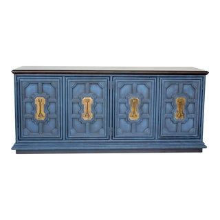1970s Mid-Century Blue Dresser of Six Drawers With Walnut Top For Sale