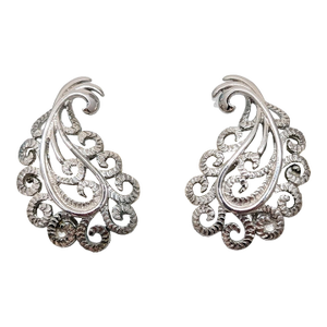Vintage 1960s Signed Monet Rhodium Plated Filigree Clip Earrings-2 Pieces