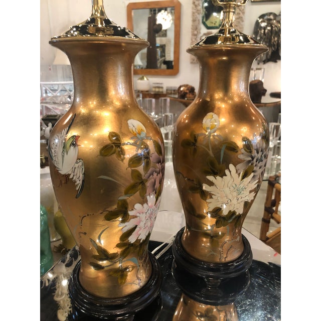 Vintage Chinoiserie Gold Leaf Brass Floral Birds Table Lamps -A Pair For Sale - Image 12 of 13
