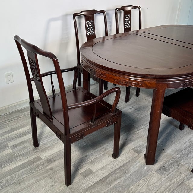 Vintage Asian Rosewood Carved Longevity Extending Dining Table & 10 Chairs For Sale - Image 9 of 13