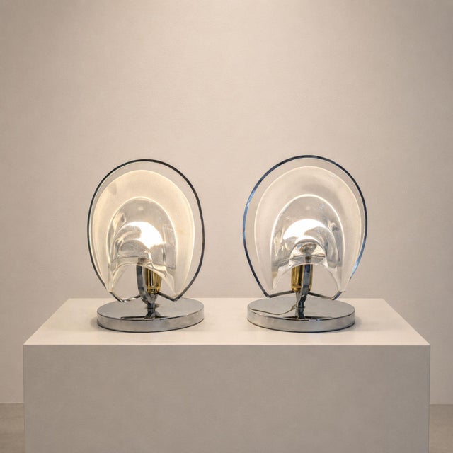 Mazzega Murano 1970s Italian Mazzega Style Chrome and Murano Glass Table Lamps - Pair For Sale - Image 4 of 8