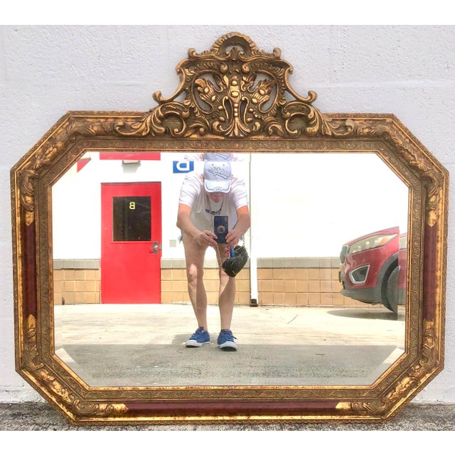 Large Vintage Mid Century Red Column Gold Gilt Beveled Glass Hanging Wall Mirror For Sale - Image 11 of 11