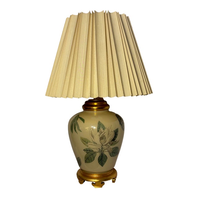 1980s Faience Table Lamp With Original Silk Pleated Shade For Sale