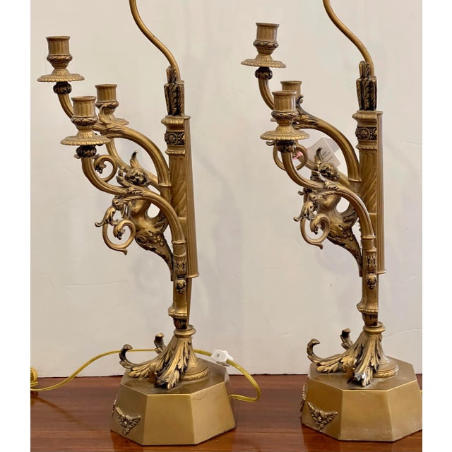 Early 20th Century Hollywood Regency Candelabra Lamps W Trumpet Playing Putti - Paris Foundry - a Pair For Sale - Image 5 of 13