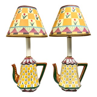 Vintage Mackenzie Childs Style Colorful Checkered Ceramic English Teapot Table Lamps - a Pair For Sale