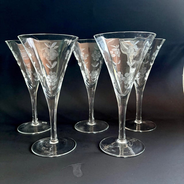Mid-Century Modern 1950s Mid-Century Modern Etched Optic Goblets – Set of 5 | Trumpet Bowl Crystal Stemware 7.5" | Floral Ribbed Vintage Glasses For Sale - Image 3 of 7
