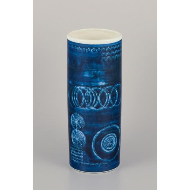 Olle Alberius for Rörstrand. Large "Sarek" ceramic vase in a modernist design with circles. Blue glaze. Hand-painted....