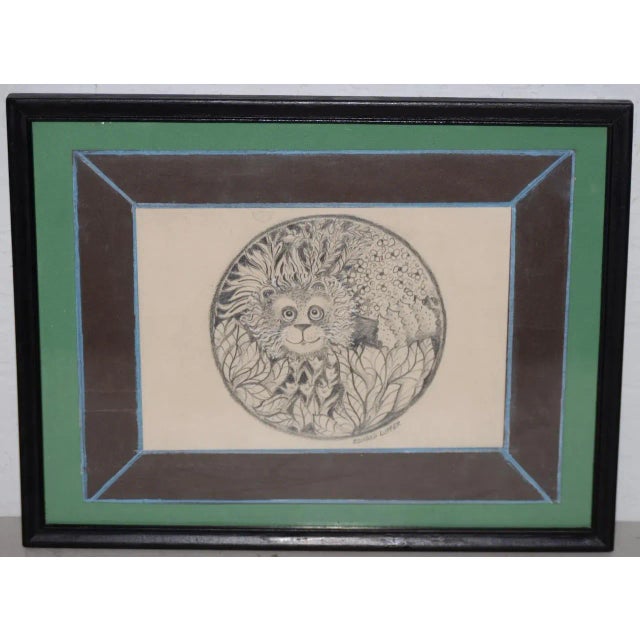 Charcoal Edward Lupper (1936-2016) "Lion in His Garden" Original Charcoal Drawing C.1960s For Sale - Image 8 of 8