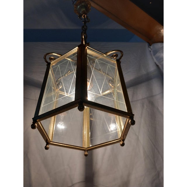 Brass and Cut Glass Hexagon Lantern Pendant Lamp, 1940s For Sale - Image 6 of 15