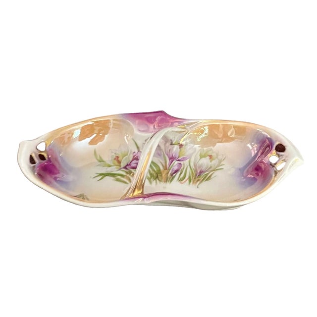 1920s Antique Celery Dish With Handle by Ipf Germany Porcelain – Lusterware Floral Candy Nut Dish – Purple & Gold , 8 1/4” For Sale - Image 5 of 10