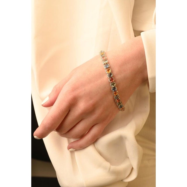 17.85 Ct Multi Sapphire Wedding Tennis Bracelet With Diamonds in 14k Yellow Gold For Sale - Image 4 of 11