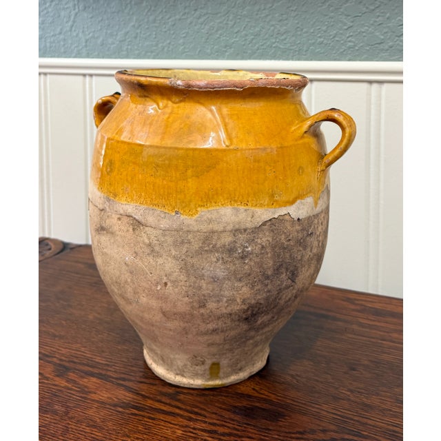 Yellow Antique French Country Confit Pot Pottery Jug Glazed Ochre Yellow Large For Sale - Image 8 of 16