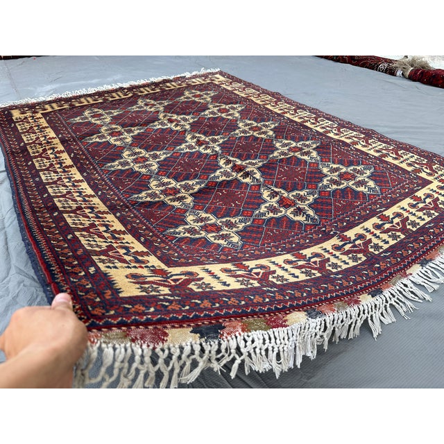 Tribal Vintage Afghan Turkmen Ivory Diamond Lattice Tribal Rug - 6'4" X 4'10" For Sale - Image 3 of 12