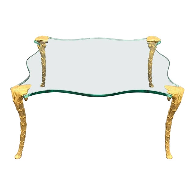 Mid 20th Century Square Glass Palm Tree Leaf Form Gilt Bronze Coffee Table in the Style of p.e. Guerin For Sale