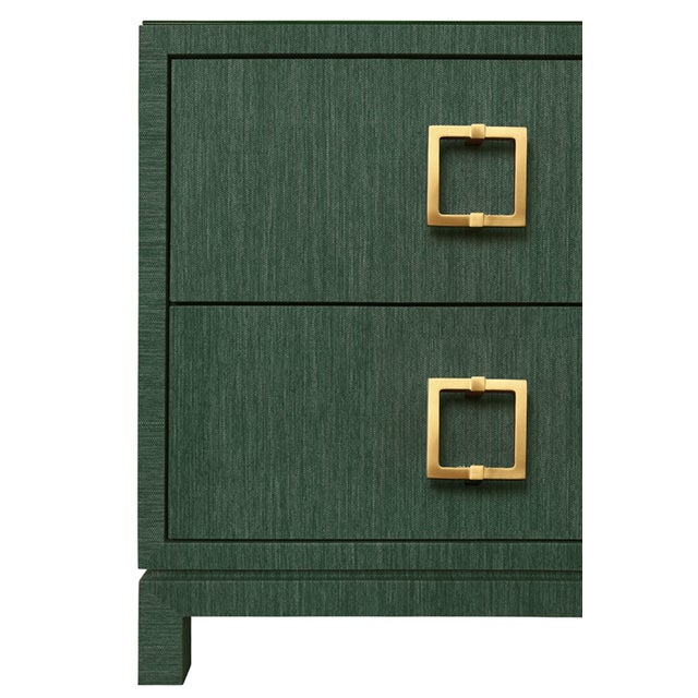 Worlds Away Matthew Izzo Home Cole Green Dyed Grasscloth Two Drawer Side Table/Nightstand With Glass Top and Large Square Brass Handle For Sale - Image 4 of 11