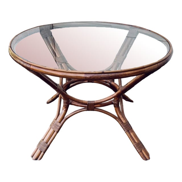 Round Rattan and Wicker Table with Glass Top, 1970s For Sale
