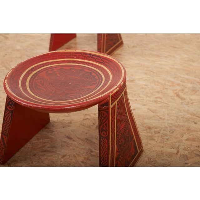 Wooden Stools with Table with South American Motifs, Set of 3 For Sale - Image 4 of 12