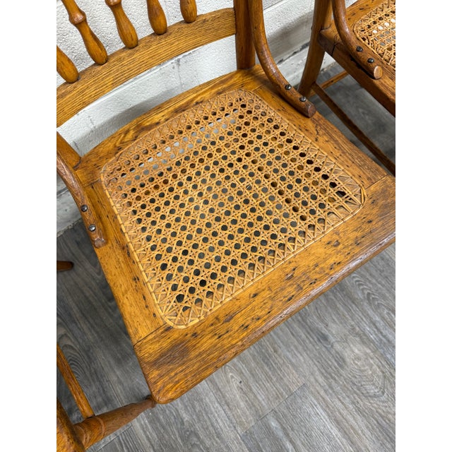 Mid 20th Century Vintage Spindle Back Caned Seat Solid Oak Dining Chairs For Sale - Image 5 of 12