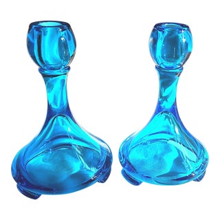 Cerulean/Aqua Blue Mid-Century Danish Glass Candleholders- a Pair For Sale