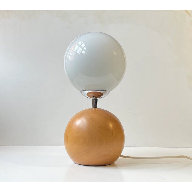 Scandinavian Dual Sphere Table Lamp in Beech Wood & Opaline Glass, 1980s For Sale - Image 9 of 9