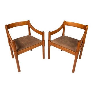 Set of Two 2 Italian Modern Model 892 "Carimate" Chairs in Beech & Leather Attributed to Vico Magistretti for Cassina, Italy, Circa 1960's For Sale