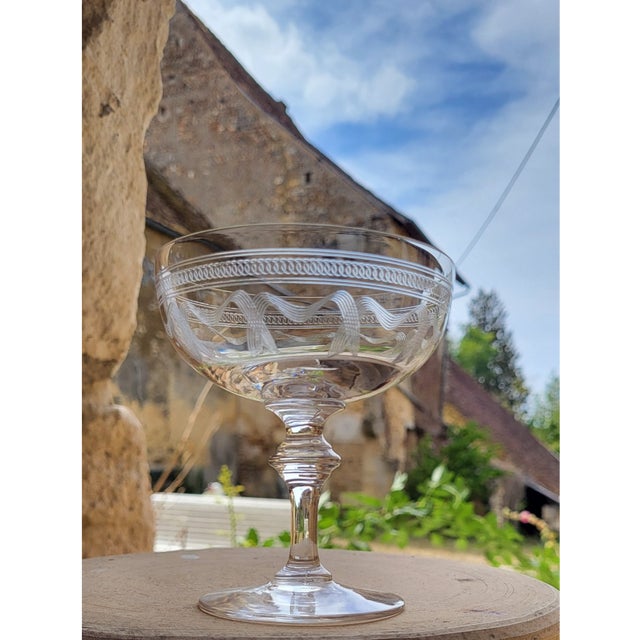 Engraved Crystal Champagne Coupes, 19th Century, 1890s, Set of 8 For Sale - Image 8 of 12