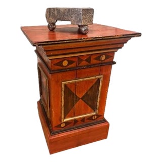 Antique Painted Wood Pedestal Stand With Geometric Motif For Sale
