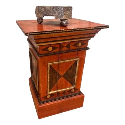 Antique Painted Wood Pedestal Stand With Geometric Motif For Sale
