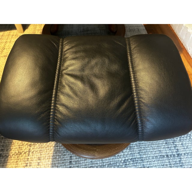 Ekornes Stressless Black Leather Recliner and Ottoman With Wood Base For Sale In Raleigh - Image 6 of 13