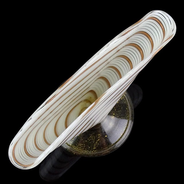 Mid-Century Modern Vintage Murano White Gold Flecks Aventurine Ribbons Italian Art Glass Fan Shaped Flower Vase For Sale - Image 3 of 5