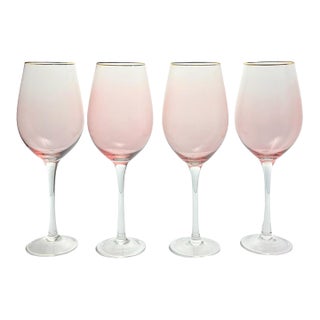Set of 4 Contemporary Rose Pink Gold Rim Wine, Water or All Purpose Glasses For Sale