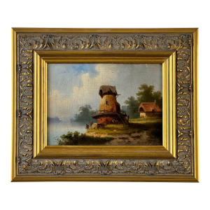Antique Continental School Oil on Canvas Landscape With Windmill, Signed “Brüguer,” Circa 1880-1910