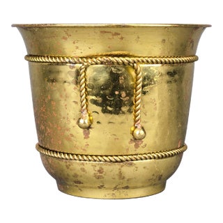 Vintage Hand Hammered Brass Planter French Tassel Rope Design For Sale
