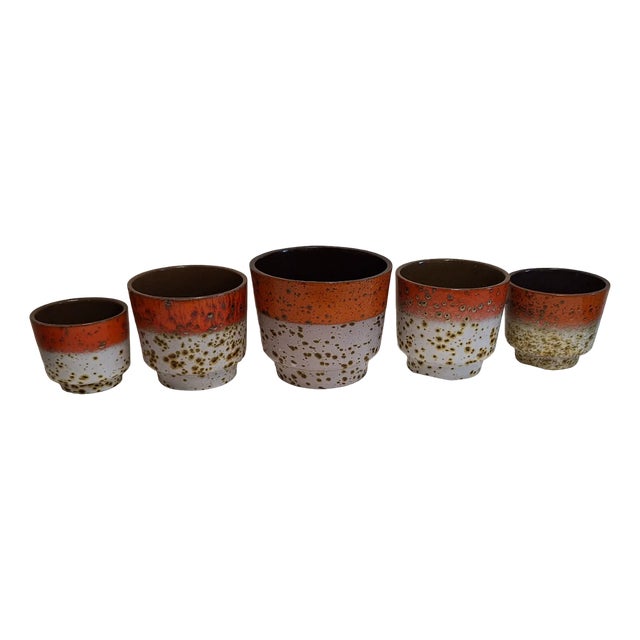 Vintage GermanCeramic Planters with Orange-Gray Speckled Decor, 1970s, Set of 5 For Sale