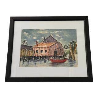 1953 Watercolor Painting of Boatyard by James Vincent Cupoli For Sale