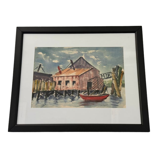 1953 Watercolor Painting of Boatyard by James Vincent Cupoli For Sale
