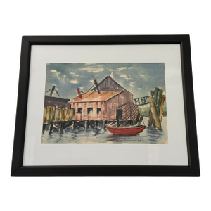 1953 Watercolor Painting of Boatyard by James Vincent Cupoli
