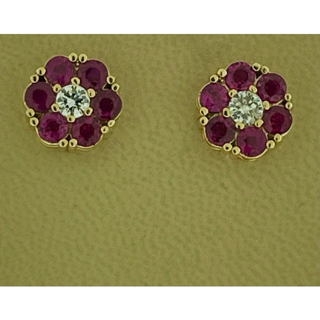 Traditional 3 Carat Ruby & Diamond Floral Cluster Flower Stud Earrings 14 Karat Yellow Gold For Sale - Image 3 of 18