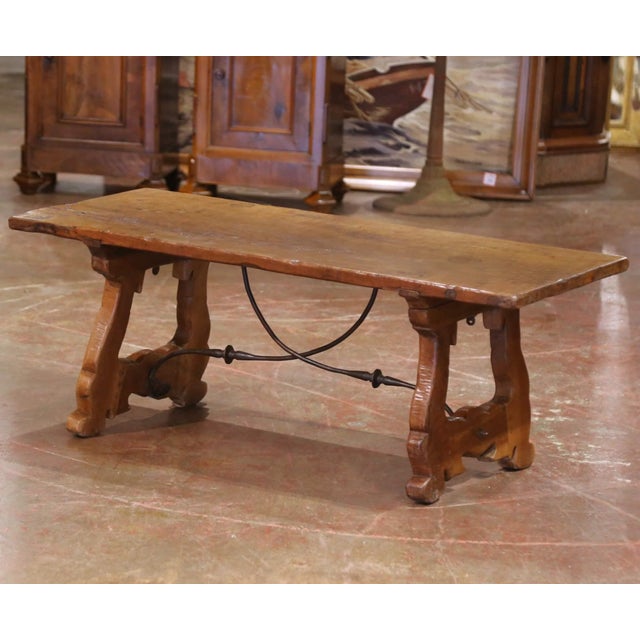 Late 18th Century 18th Century Spanish Carved Walnut Single Plank Coffee Table With Iron Stretcher For Sale - Image 5 of 8