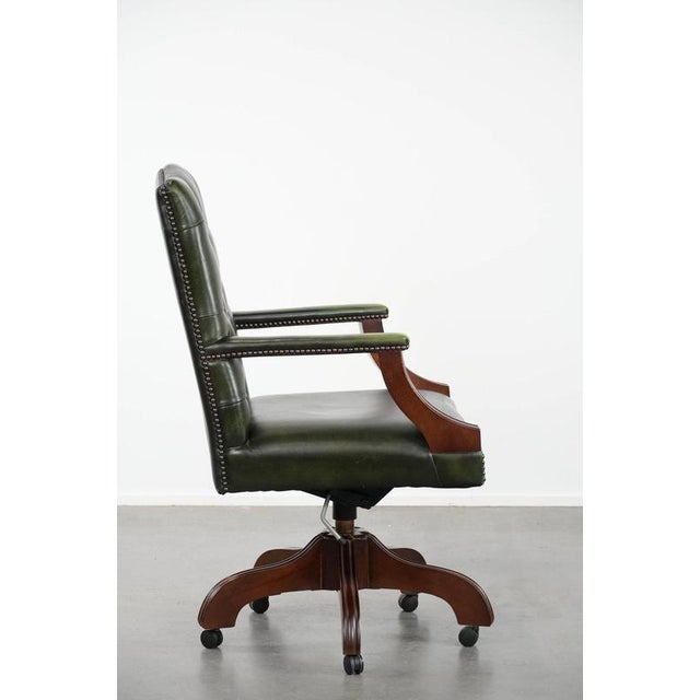 English Style Dark Green Cowhide and Wooden Chesterfield Swivel Desk Chair For Sale - Image 3 of 18